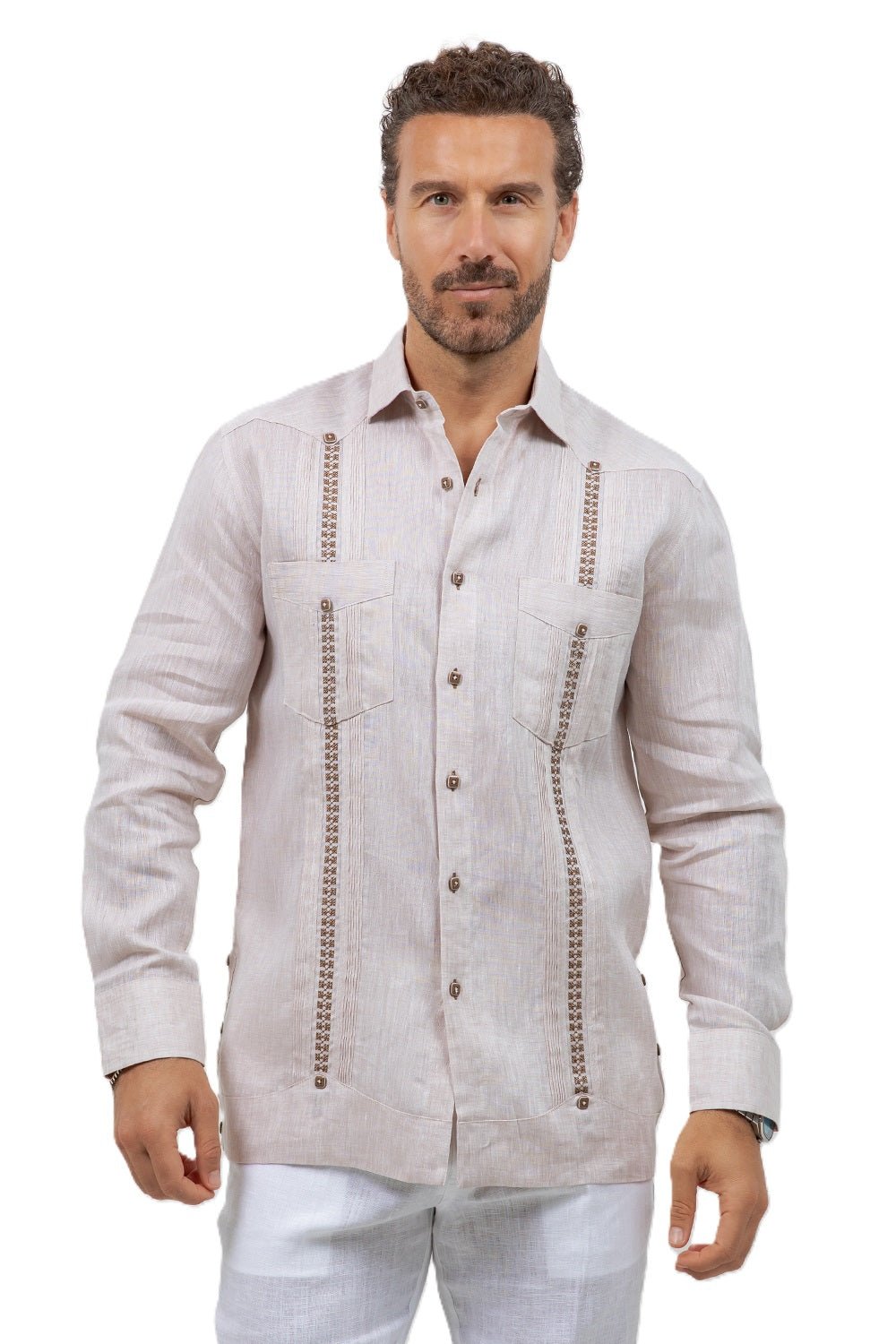Fancy Linen Guayabera Long Sleeve Two Pocket Embroidered