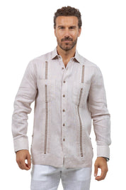 Fancy Linen Guayabera Long Sleeve Two Pocket Embroidered