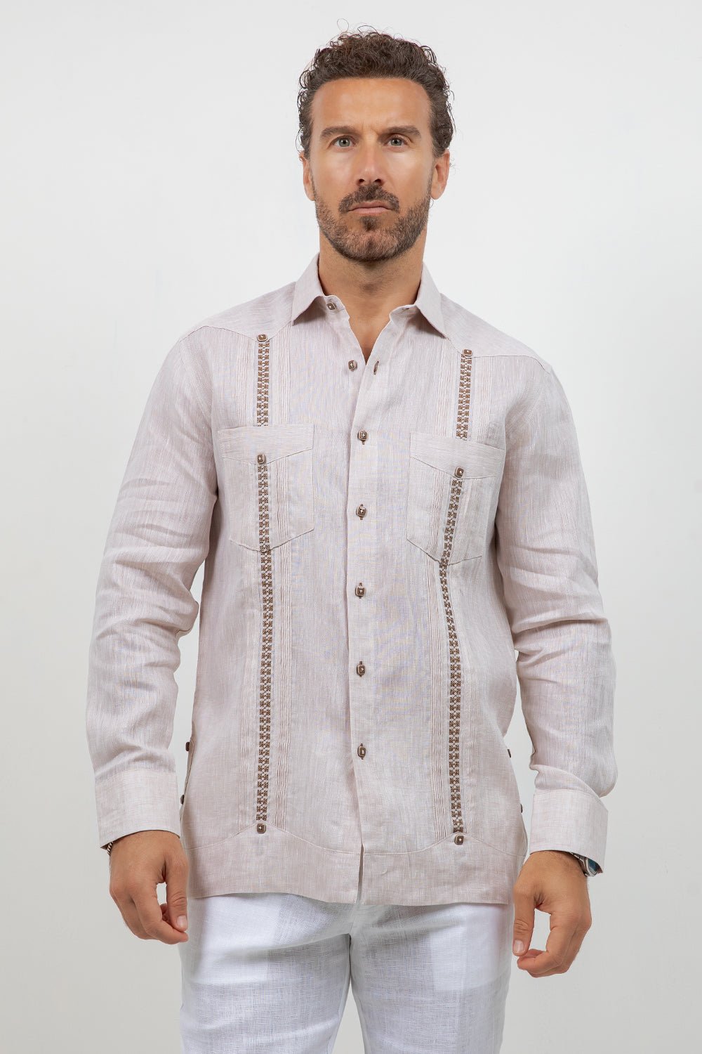 Fancy Linen Guayabera Long Sleeve Two Pocket Embroidered
