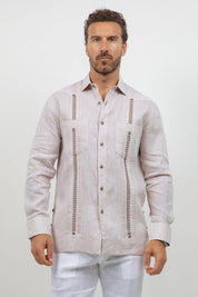 Fancy Linen Guayabera Long Sleeve Two Pocket Embroidered