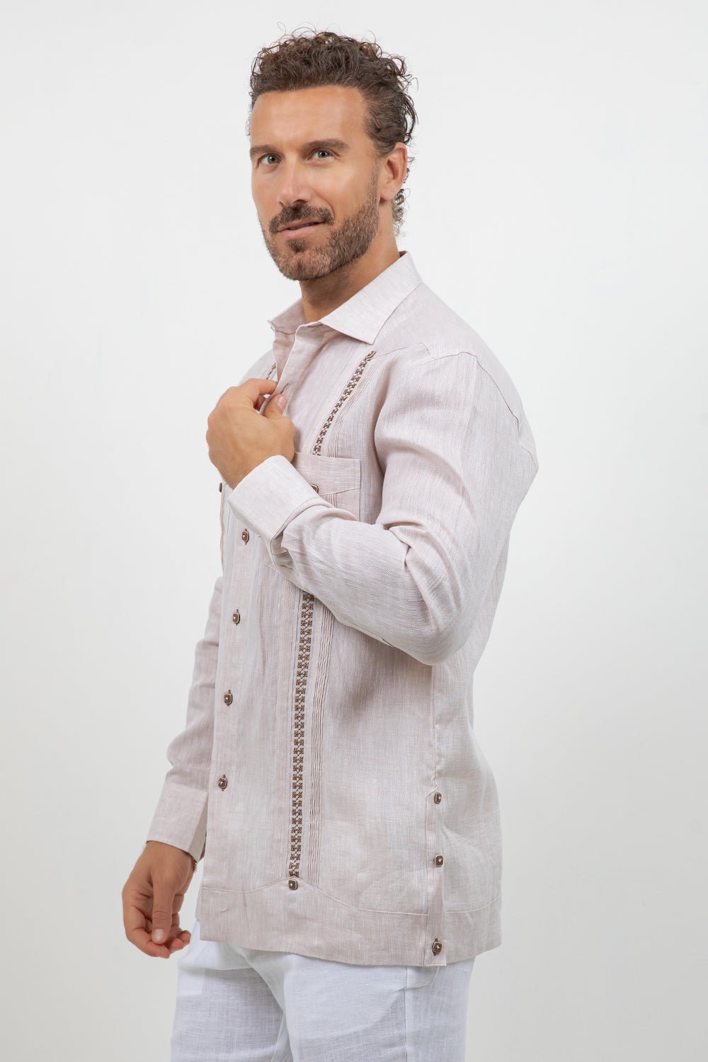 Fancy Linen Guayabera Long Sleeve Two Pocket Embroidered