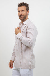 Fancy Linen Guayabera Long Sleeve Two Pocket Embroidered