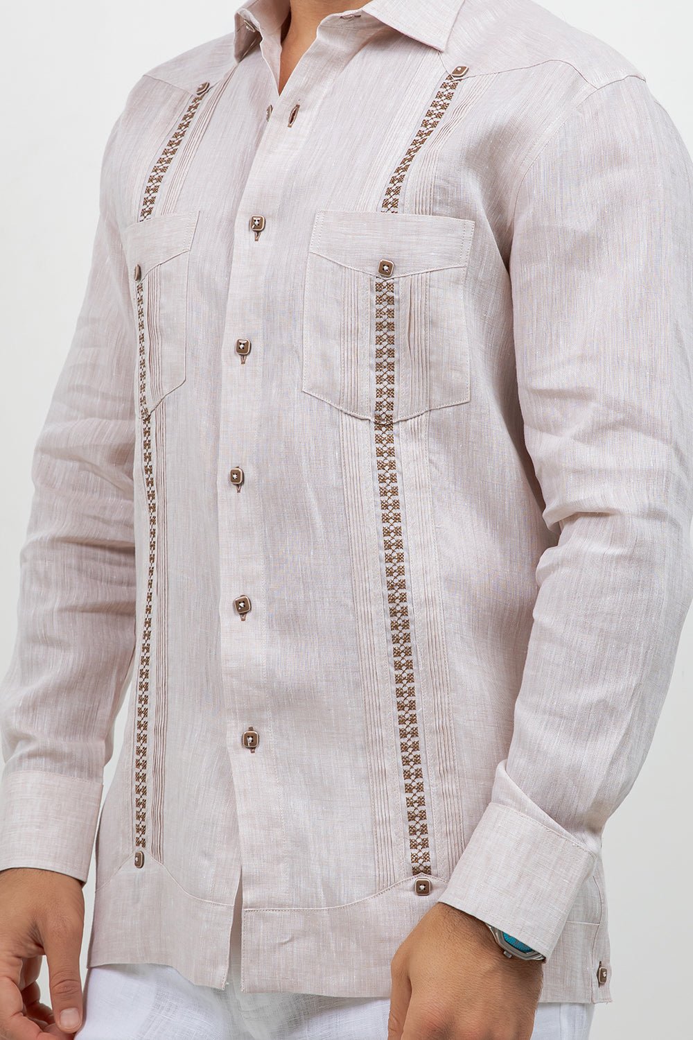 Fancy Linen Guayabera Long Sleeve Two Pocket Embroidered