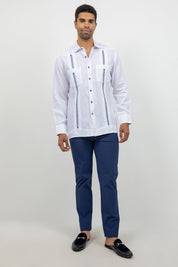 Fancy Linen Guayabera Long Sleeve Two Pocket Embroidered