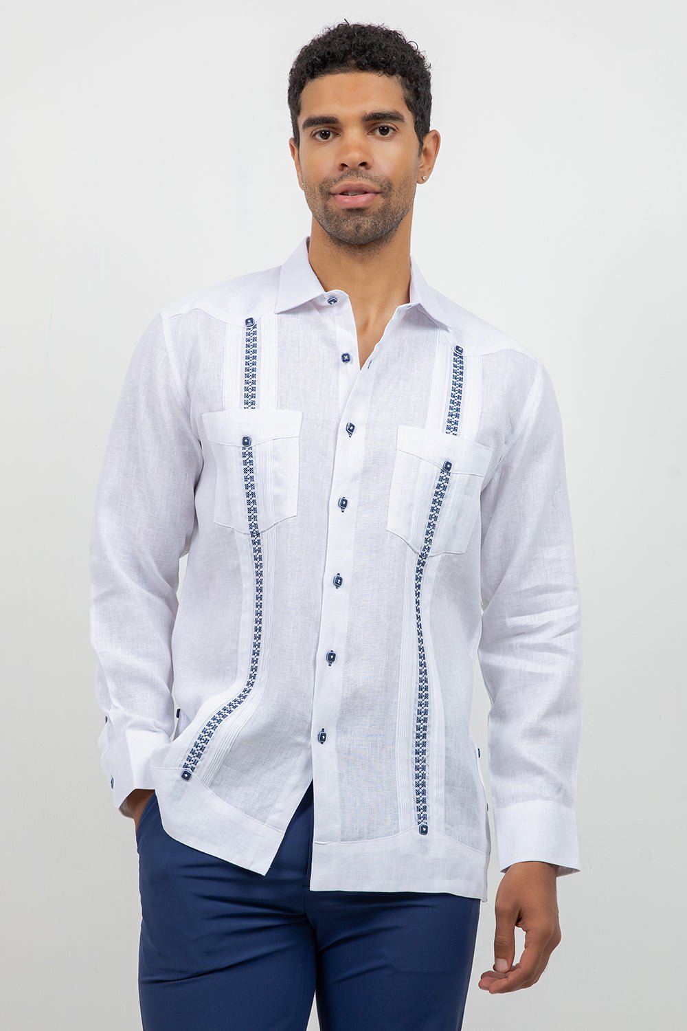 Fancy Linen Guayabera Long Sleeve Two Pocket Embroidered