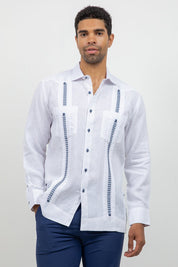 Fancy Linen Guayabera Long Sleeve Two Pocket Embroidered