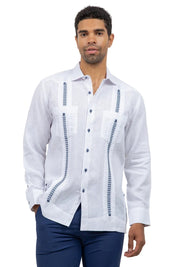 Fancy Linen Guayabera Long Sleeve Two Pocket Embroidered