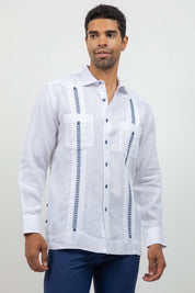 Fancy Linen Guayabera Long Sleeve Two Pocket Embroidered