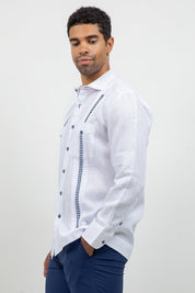 Fancy Linen Guayabera Long Sleeve Two Pocket Embroidered