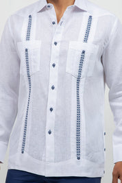 Fancy Linen Guayabera Long Sleeve Two Pocket Embroidered