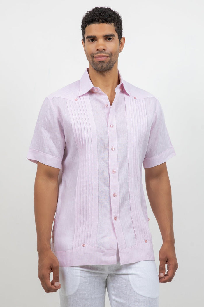 Men's crisp white linen guayabera shirt, short sleeve, front view, hidden button placket, Mojito Collection