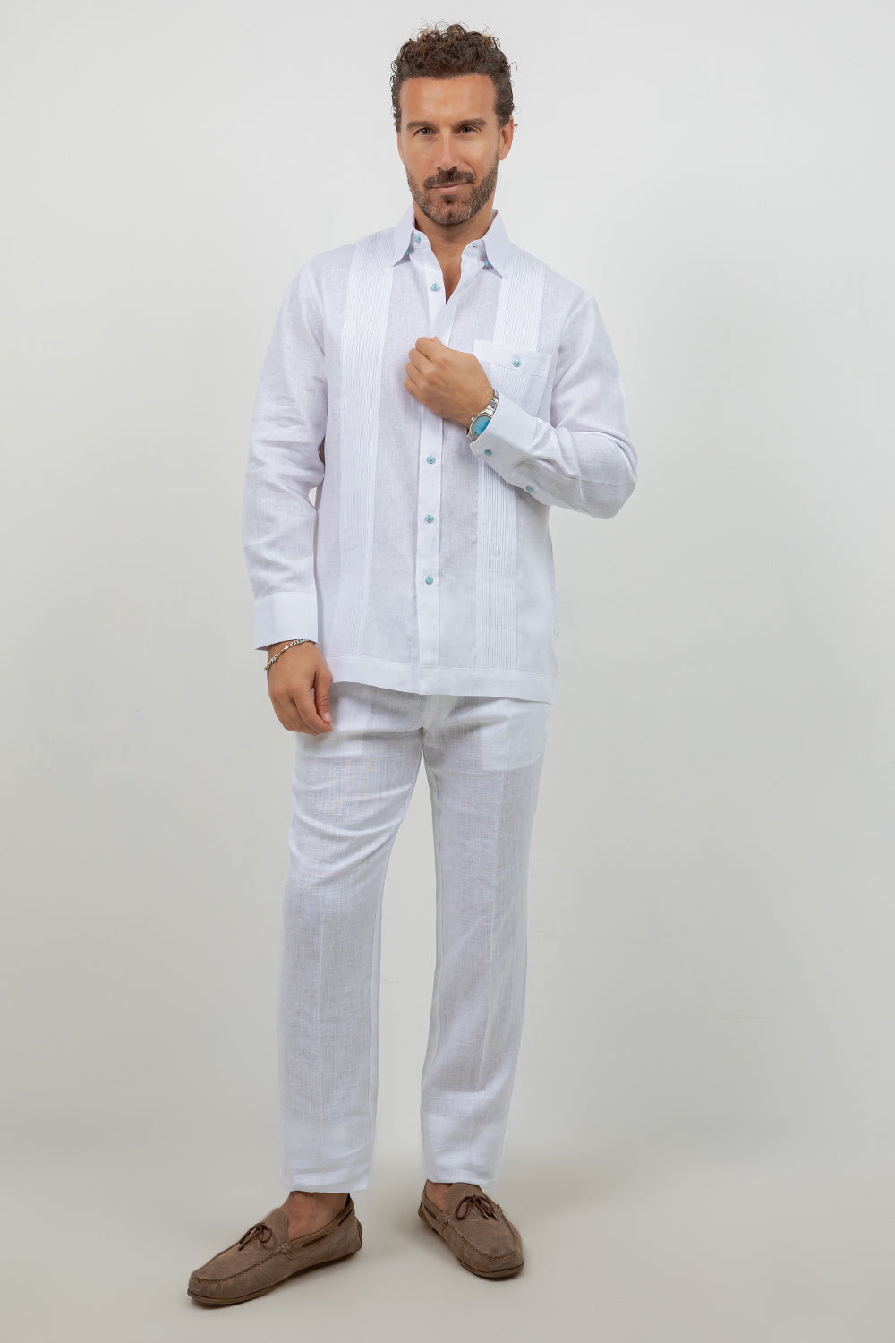 Men's Linen Beach Wedding Shirt Long Sleeve Stone Buttons White / 2X