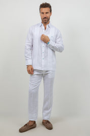 Fancy Linen Beach Wedding Shirt Long Sleeve One Pocket Stone Buttons