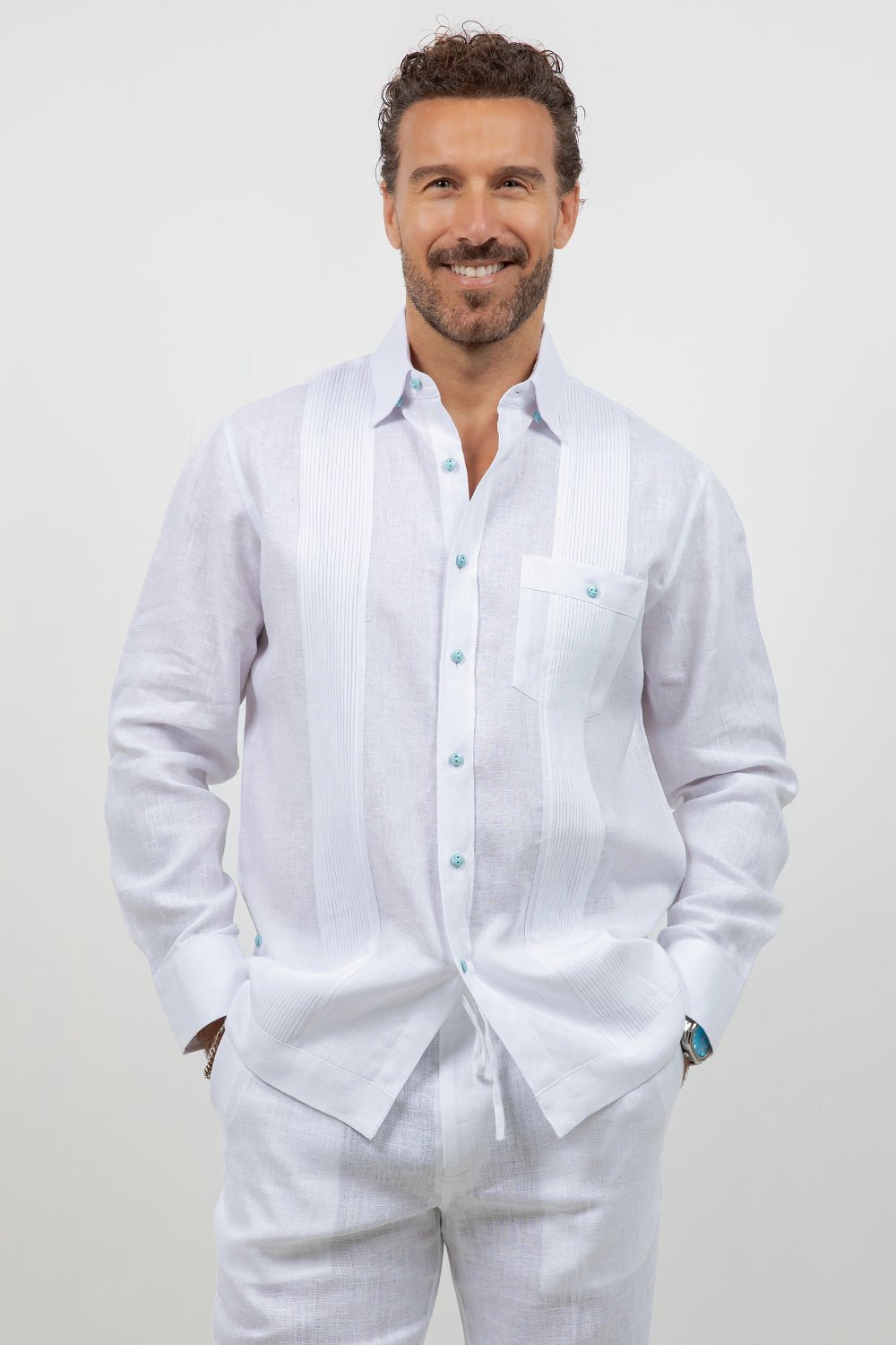 トップス STONE  White Linen Shirt Men's Linen Beach Wedding Shirt Long Sleeve Stone Buttons – Mojito