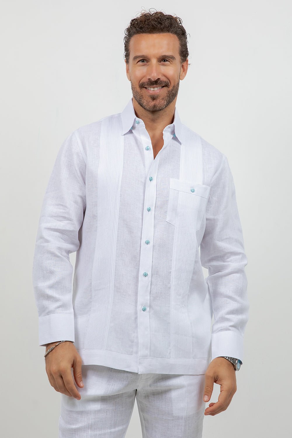 Fancy Linen Beach Wedding Shirt Long Sleeve One Pocket Stone Buttons