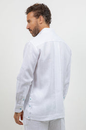 Fancy Linen Beach Wedding Shirt Long Sleeve One Pocket Stone Buttons