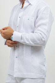 Fancy Linen Beach Wedding Shirt Long Sleeve One Pocket Stone Buttons