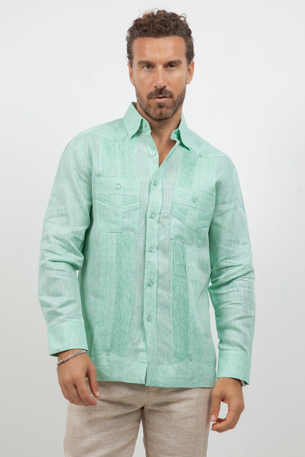 Multi-Pleat Linen Guayabera Long Sleeve Two Pocket