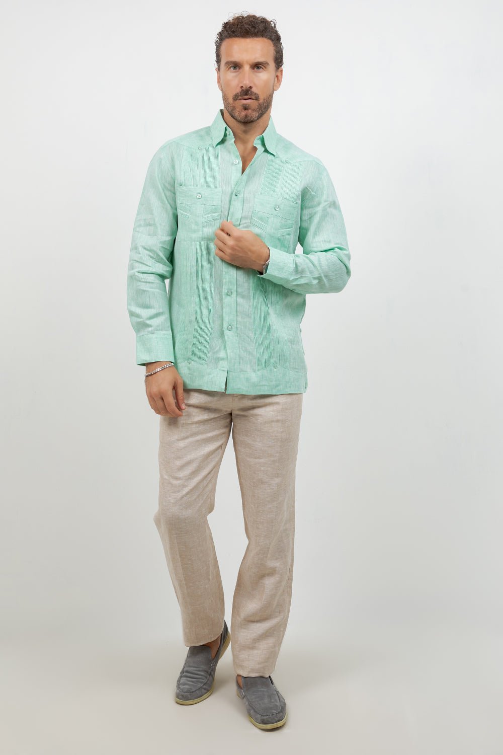 Multi-Pleat Linen Guayabera Long Sleeve Two Pocket