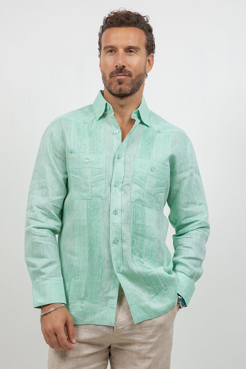 Multi-Pleat Linen Guayabera Long Sleeve Two Pocket