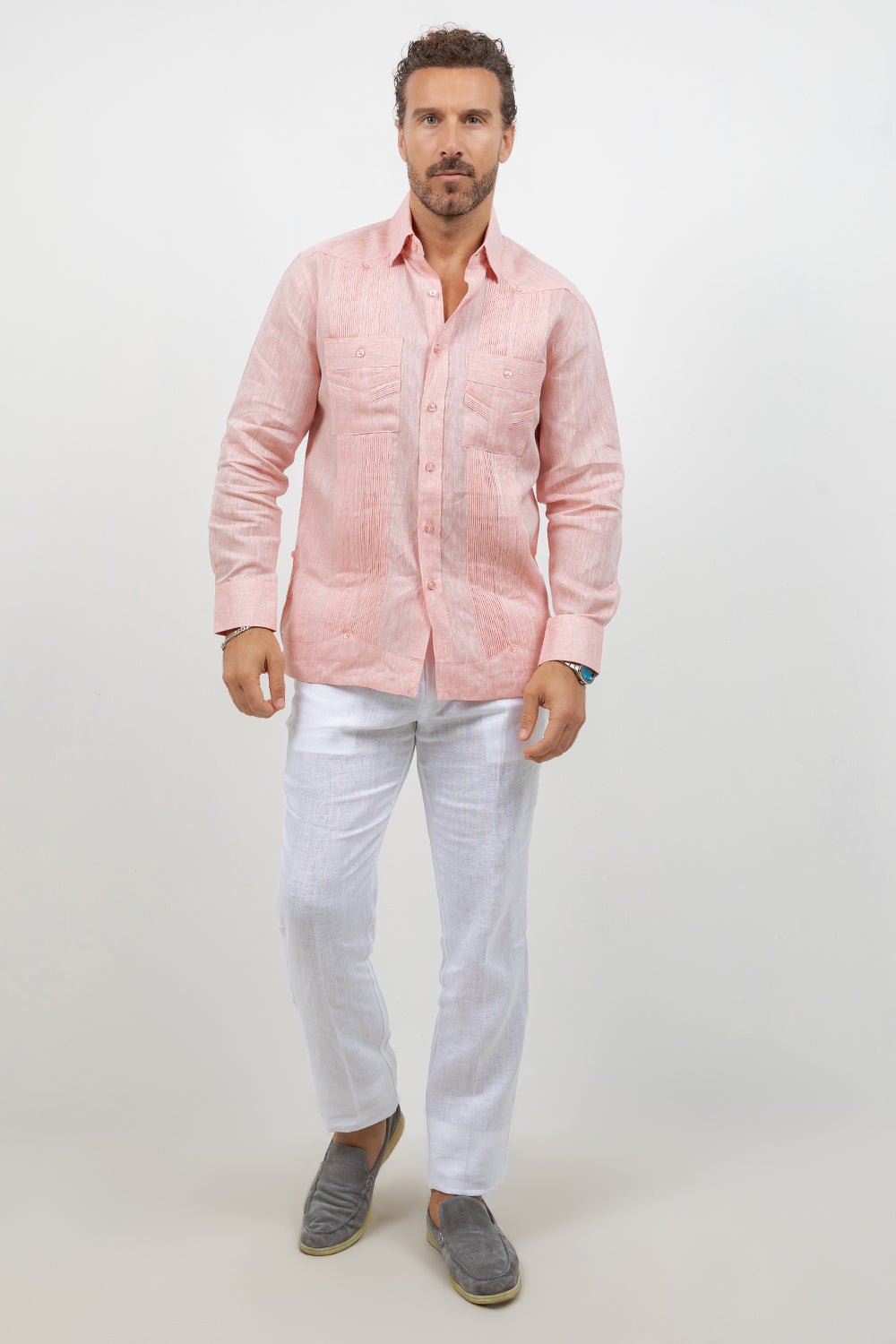Multi-Pleat Linen Guayabera Long Sleeve Two Pocket