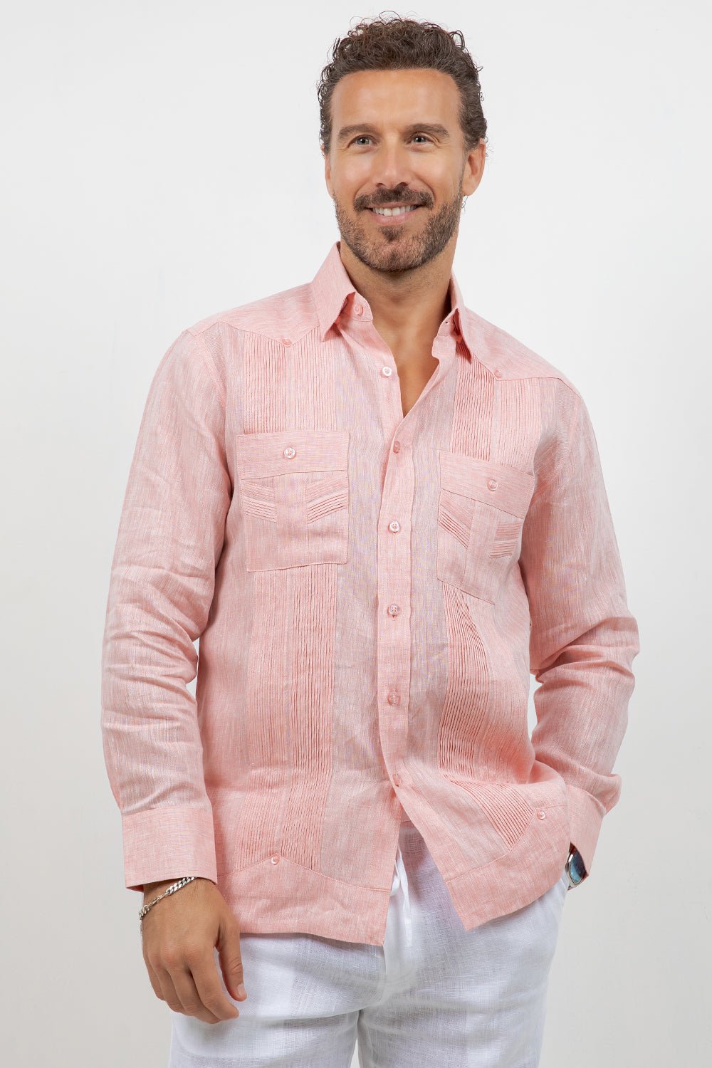 Multi-Pleat Linen Guayabera Long Sleeve Two Pocket