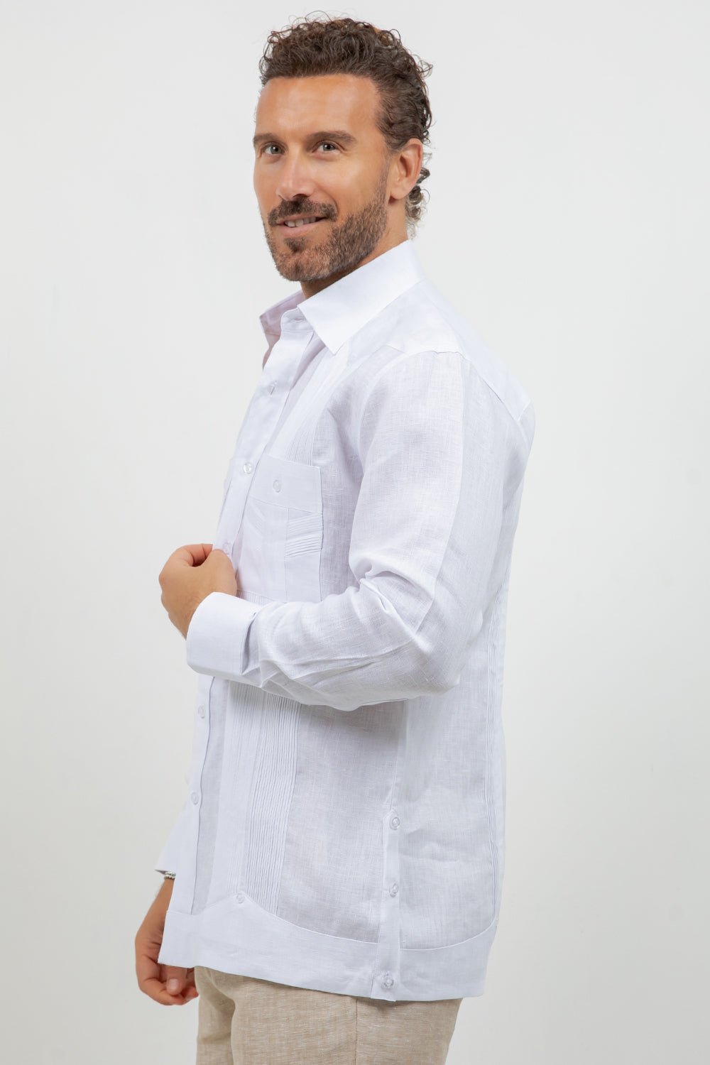 Multi-Pleat Linen Guayabera Long Sleeve Two Pocket