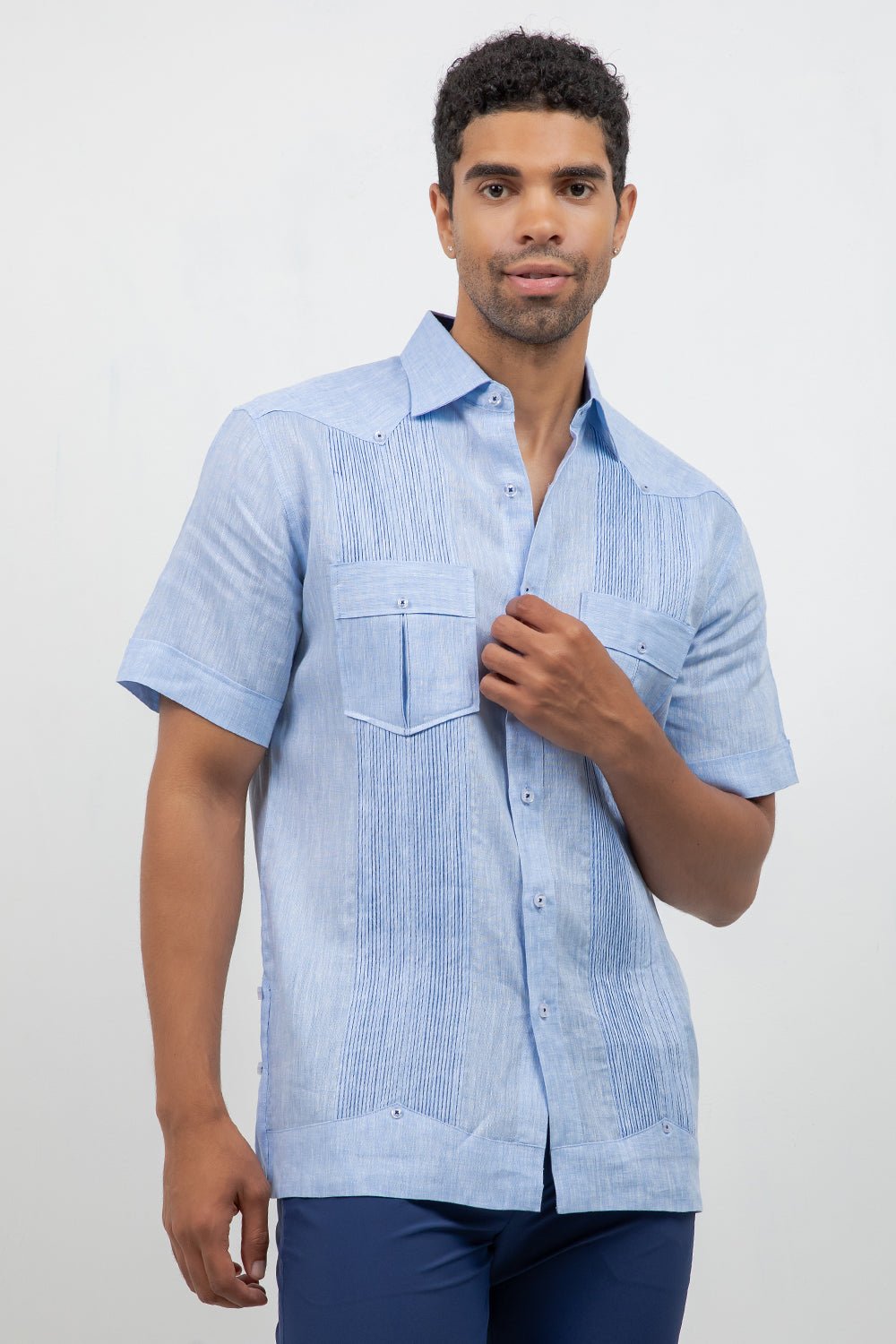 Men's Linen Guayabera Shirt Short Sleeve Two Pocket Contrast