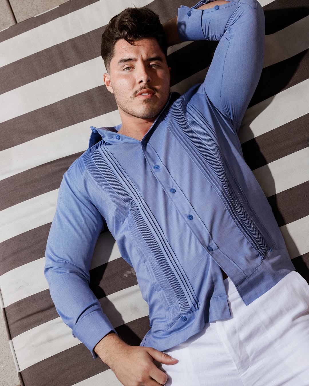 Men's Cotton Blend Guayabera Chacabana Shirt Long Sleeve with French Cuff and Pleated Trim