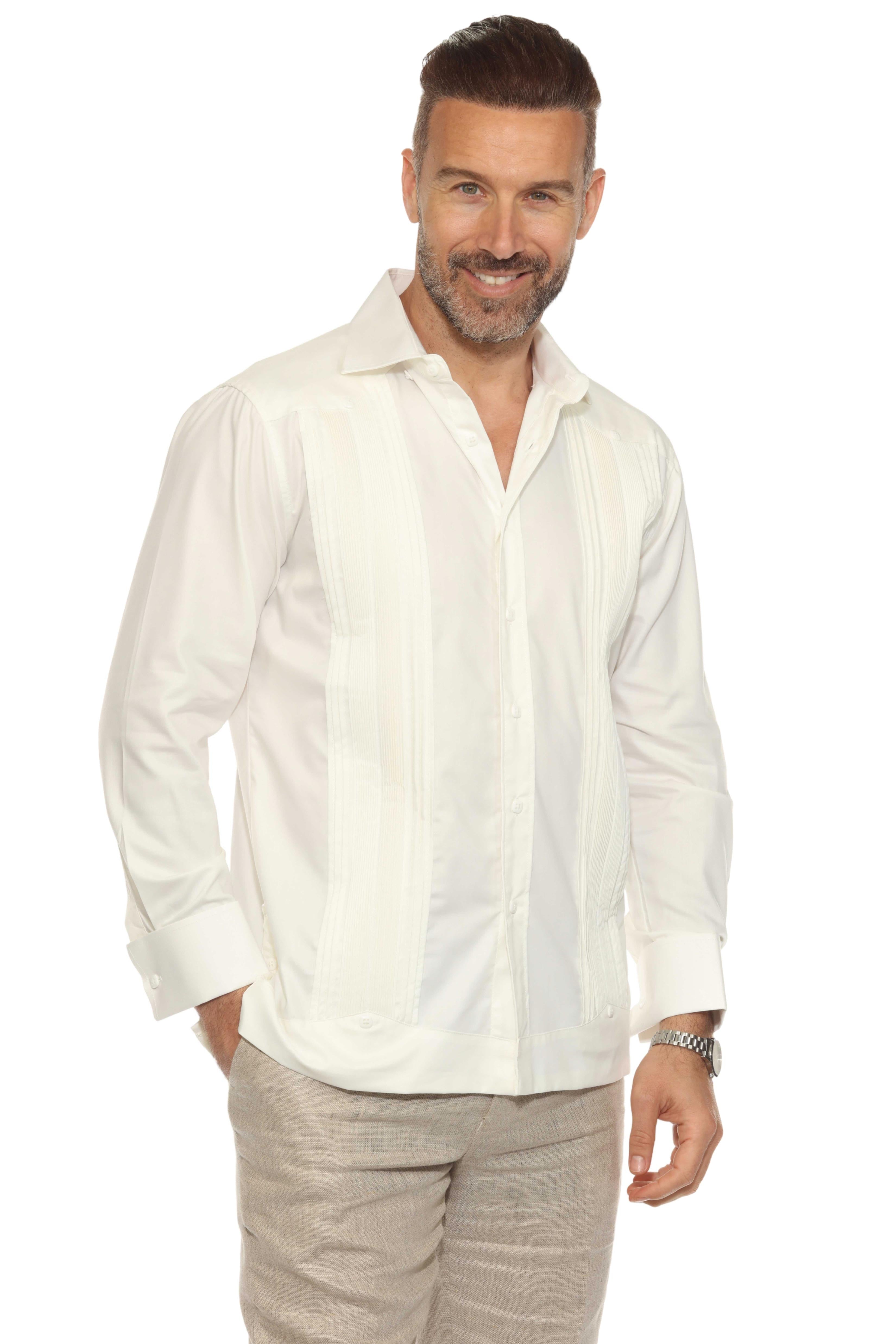 Men's Cotton Blend Guayabera Chacabana Shirt Long Sleeve with French Cuff and Pleated Trim