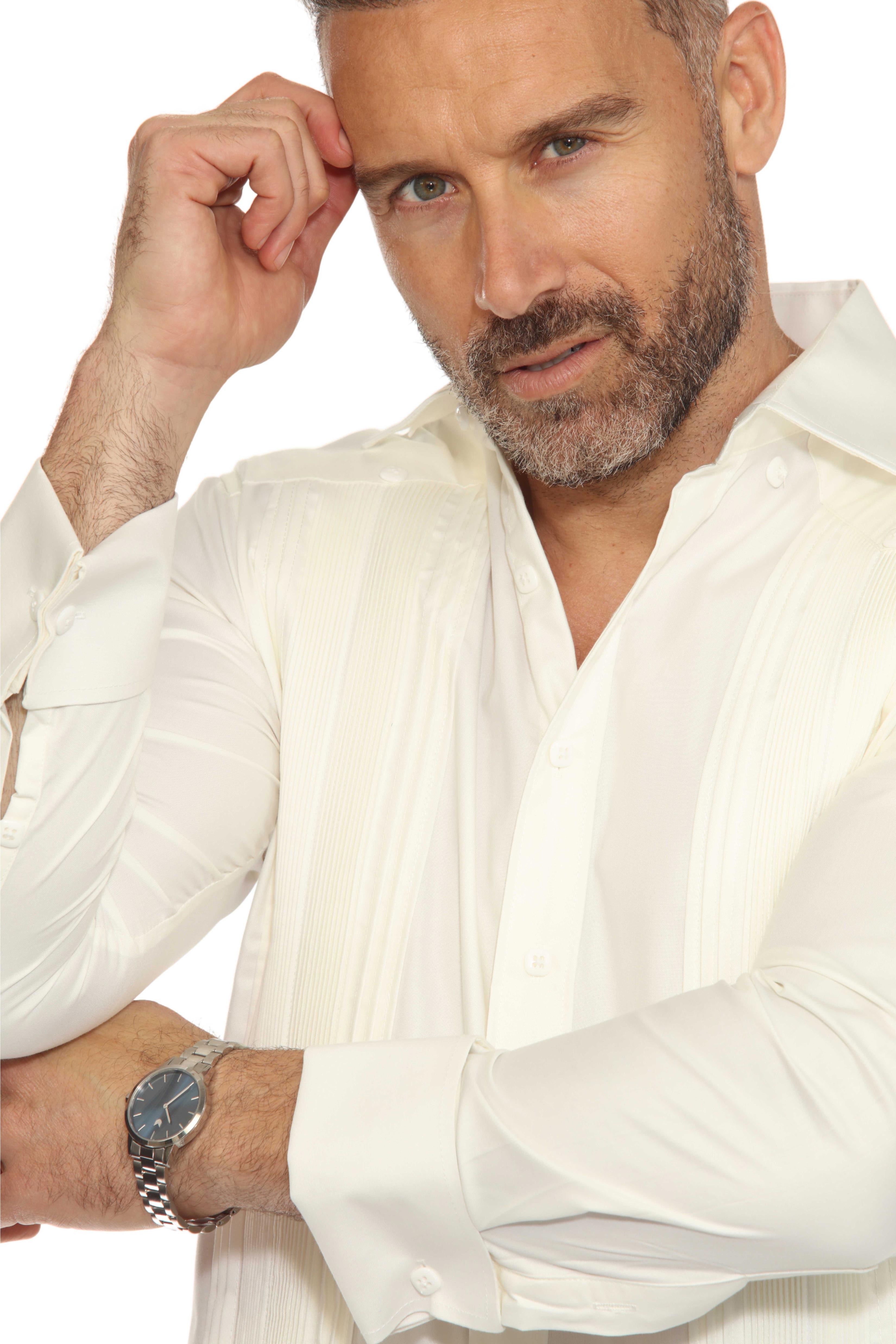 Men's Cotton Blend Guayabera Chacabana Shirt Long Sleeve with French Cuff and Pleated Trim