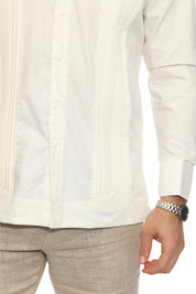Men's Cotton Blend Guayabera Chacabana Shirt Long Sleeve with French Cuff and Pleated Trim