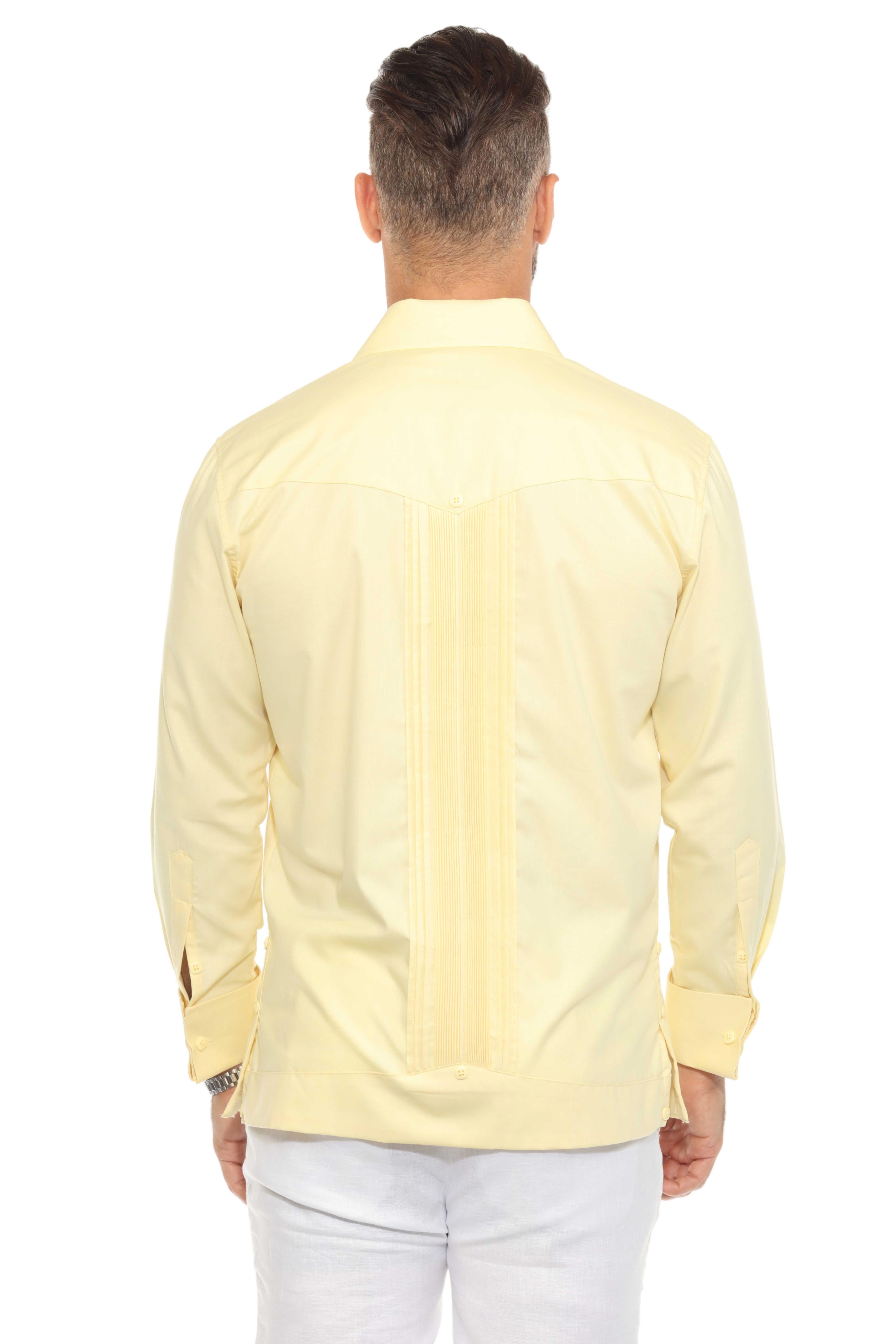 Men's Cotton Blend Guayabera Chacabana Shirt Long Sleeve with French Cuff and Pleated Trim