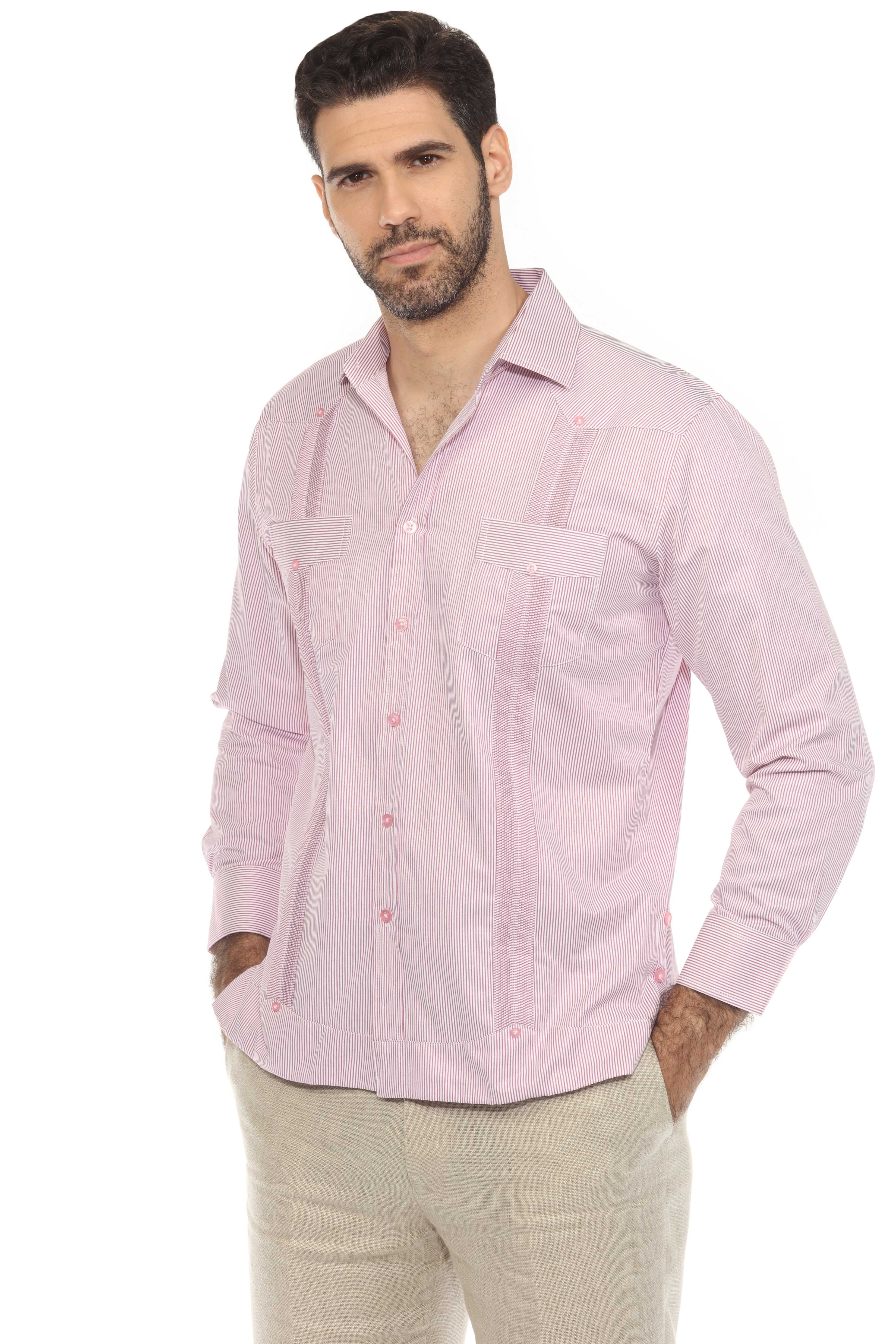 Men's Cotton Blend Guayabera Chacabana Pinstripe Print Shirt Long Sleeve