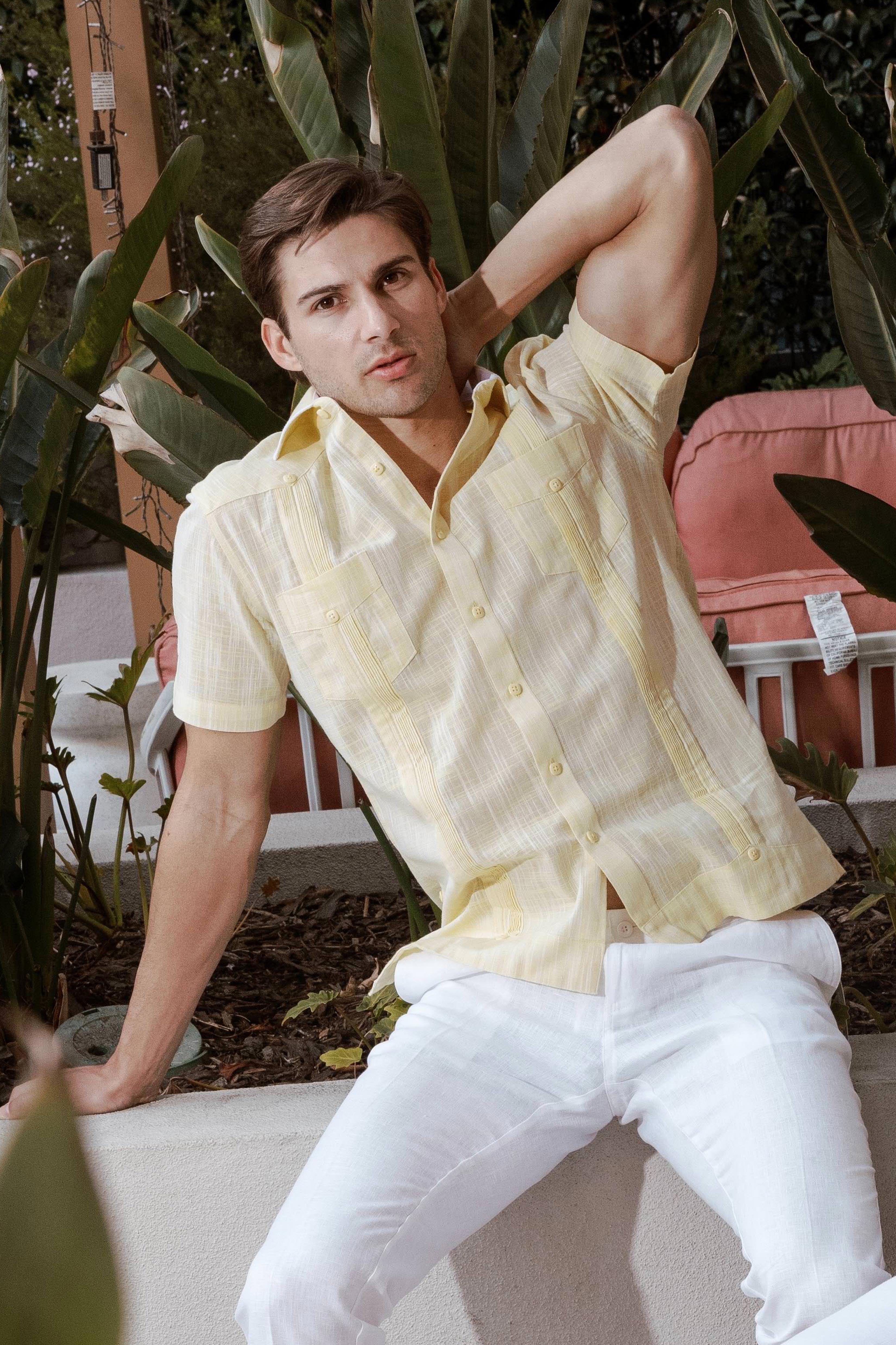 Men's Cotton Blend Guayabera Chacabana Shirt Short Sleeve with Accent Trim