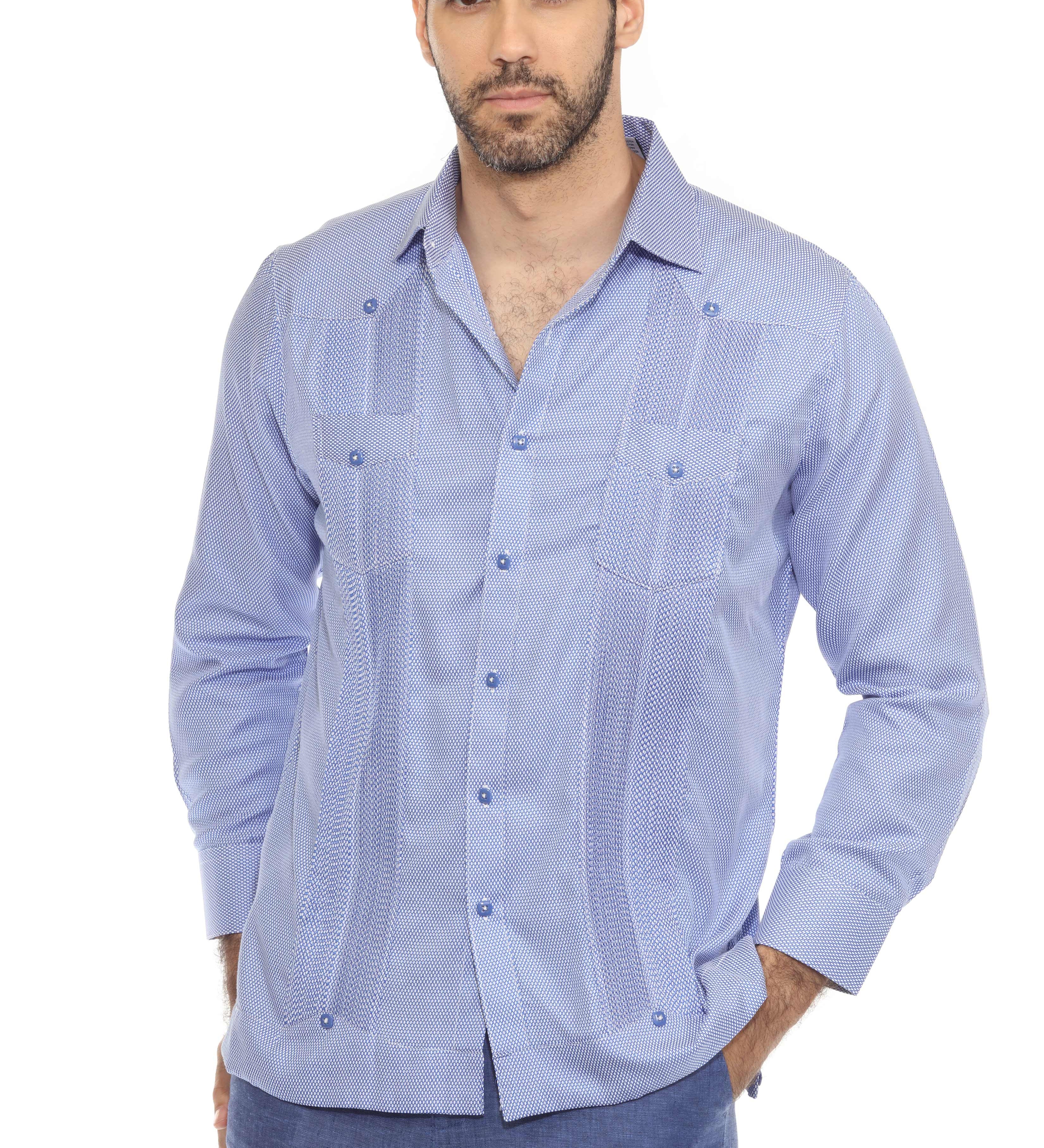 Men's Cotton Blend Guayabera Chacabana Shirt Short Sleeve in Micro Textured Print