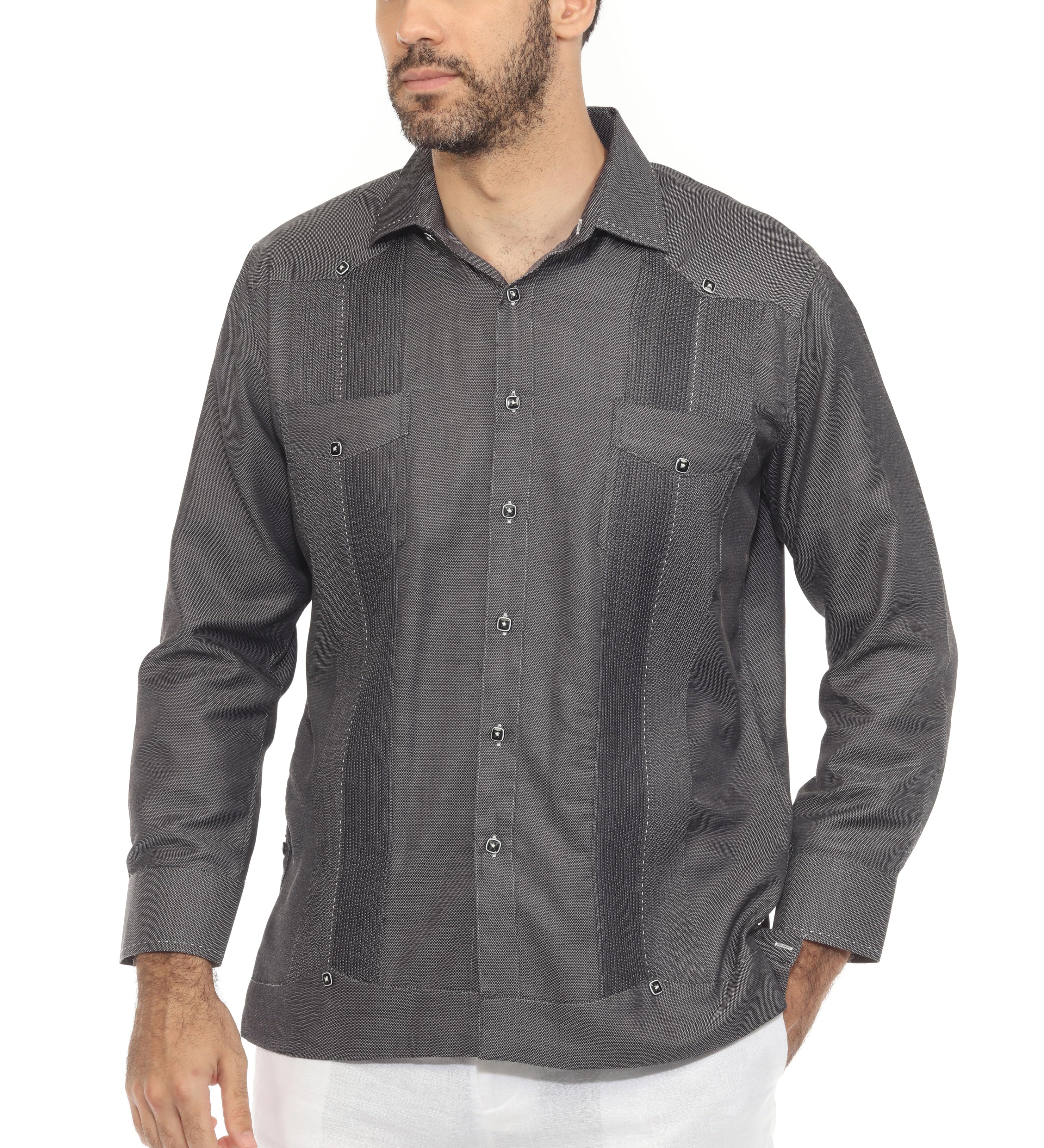 Men's Cotton Blend Guayabera Chacabana Shirt Long Sleeve with Contrast Stitching Accent