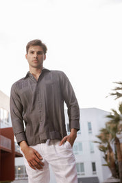 Men's Cotton Blend Guayabera Chacabana Shirt Long Sleeve with Contrast Stitching Accent