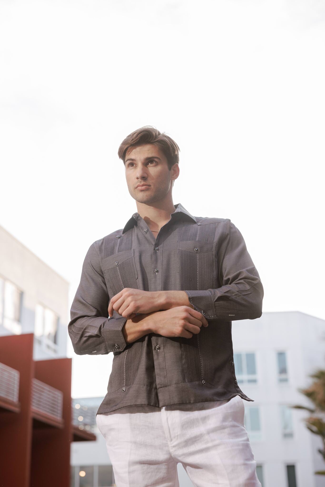 Men's Cotton Blend Guayabera Chacabana Shirt Long Sleeve with Contrast Stitching Accent