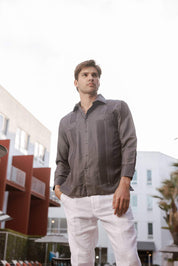 Men's Cotton Blend Guayabera Chacabana Shirt Long Sleeve with Contrast Stitching Accent