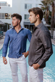 Men's Cotton Blend Guayabera Chacabana Shirt Long Sleeve with Contrast Stitching Accent