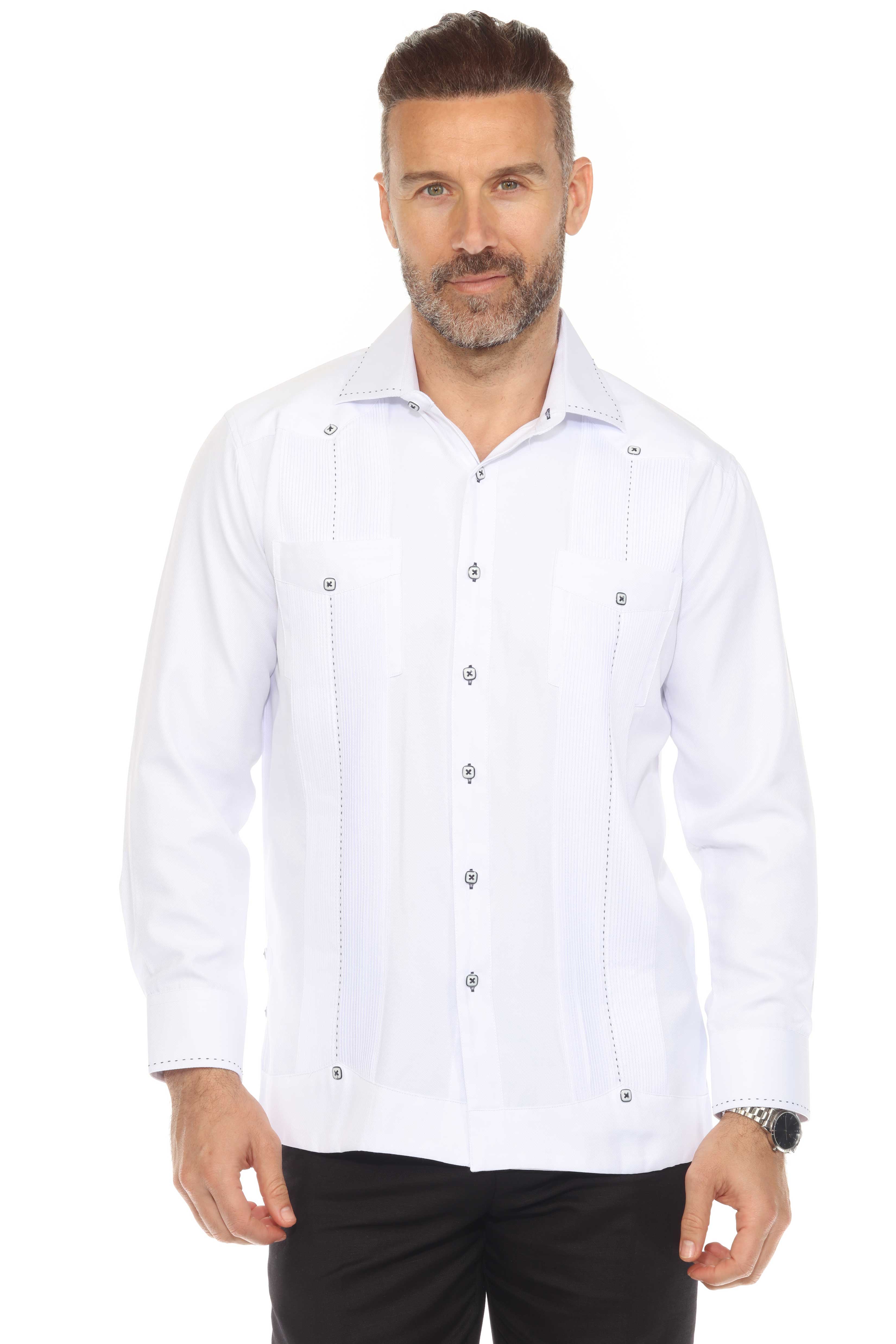 Men's Cotton Blend Guayabera Chacabana Shirt Long Sleeve with Contrast Stitching Accent