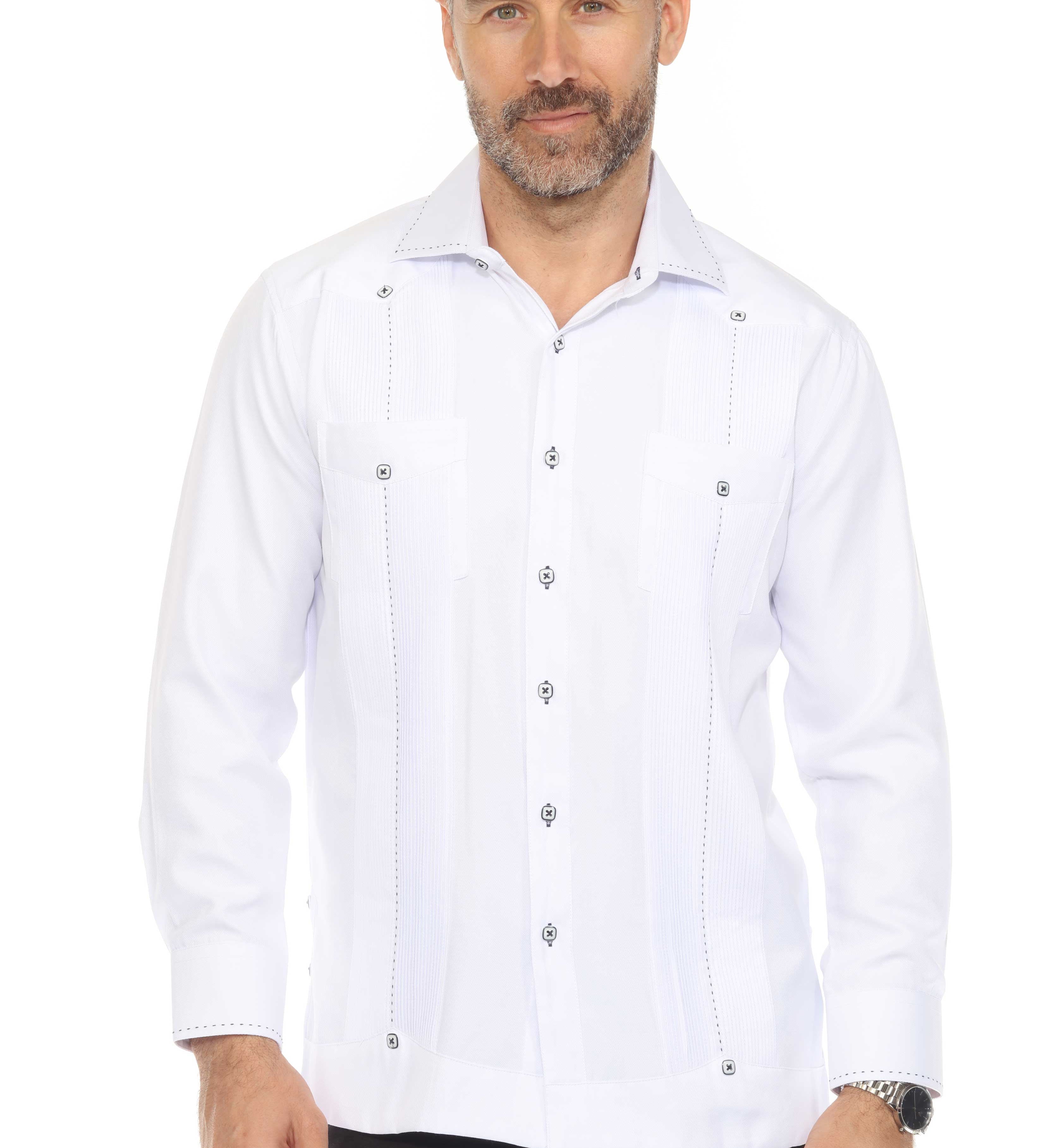 Men's Cotton Blend Guayabera Chacabana Shirt Long Sleeve with Contrast Stitching Accent