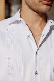 Men's Cotton Blend Guayabera Chacabana Shirt Long Sleeve with Contrast Stitching Accent