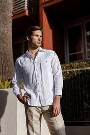 Men's Cotton Blend Guayabera Chacabana Shirt Long Sleeve with Contrast Stitching Accent