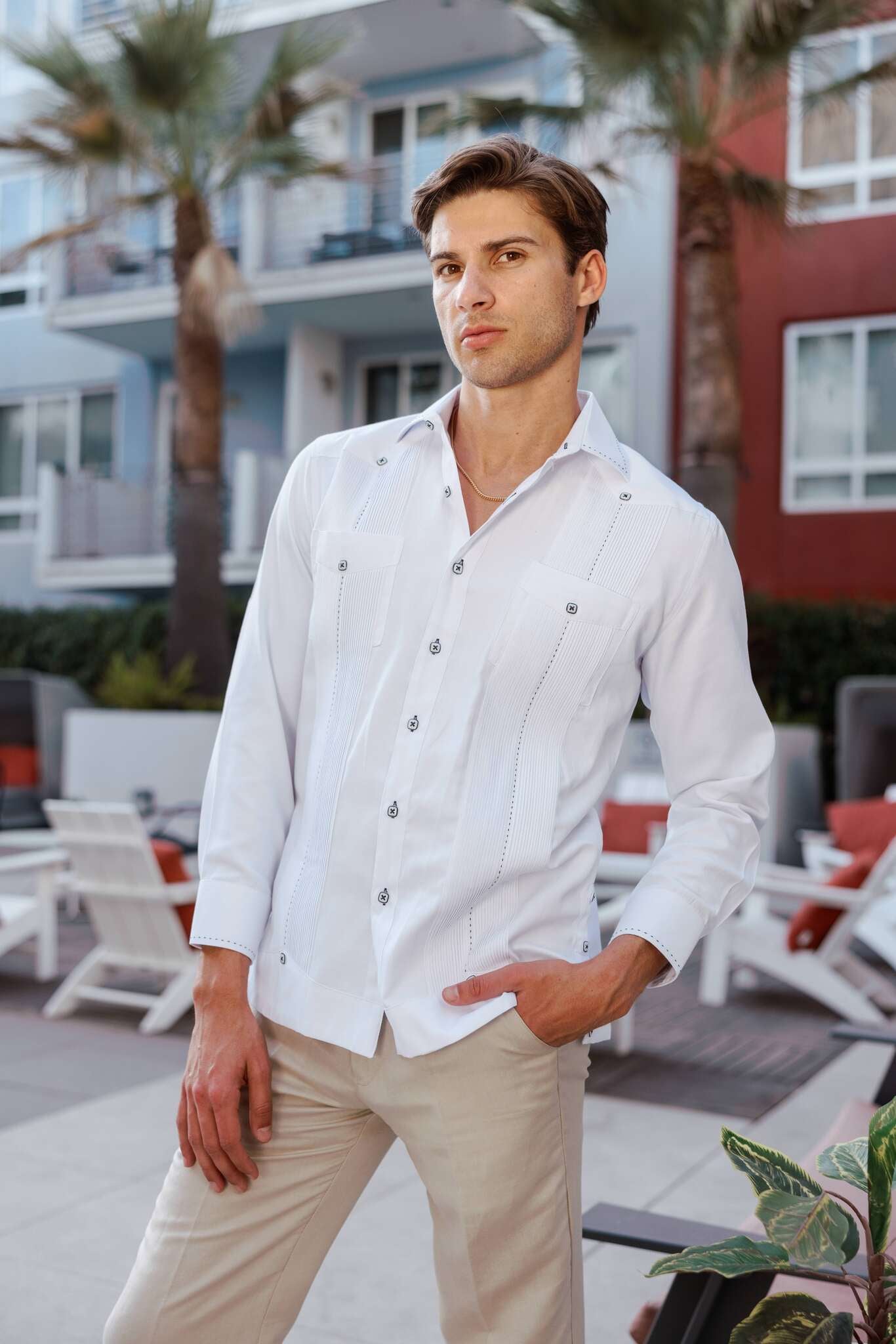 Men's Cotton Blend Guayabera Chacabana Shirt Long Sleeve with Contrast Stitching Accent