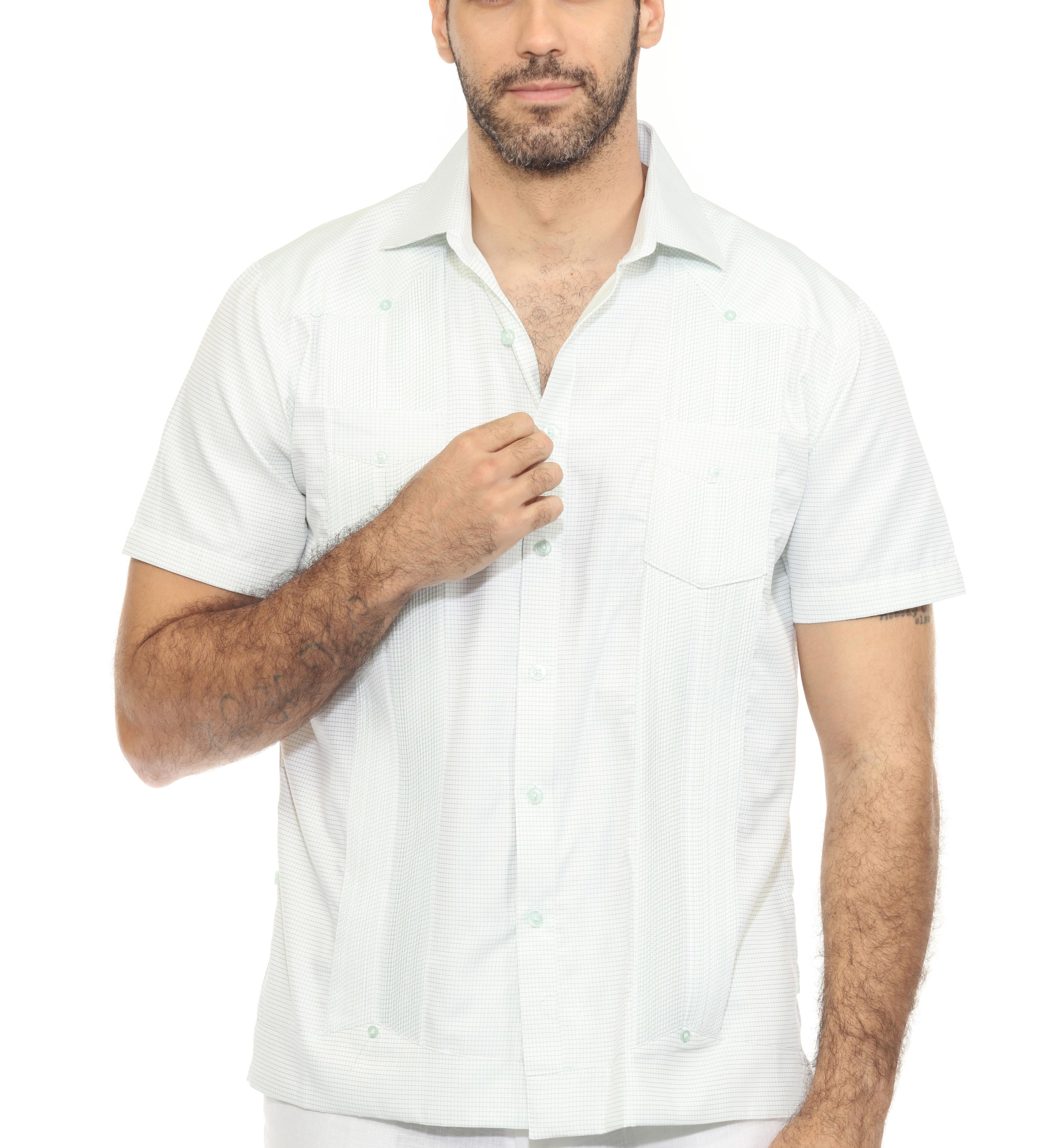 Men's Cotton Blend Guayabera Chacabana Shirt Short Sleeve in Micro Checker Print