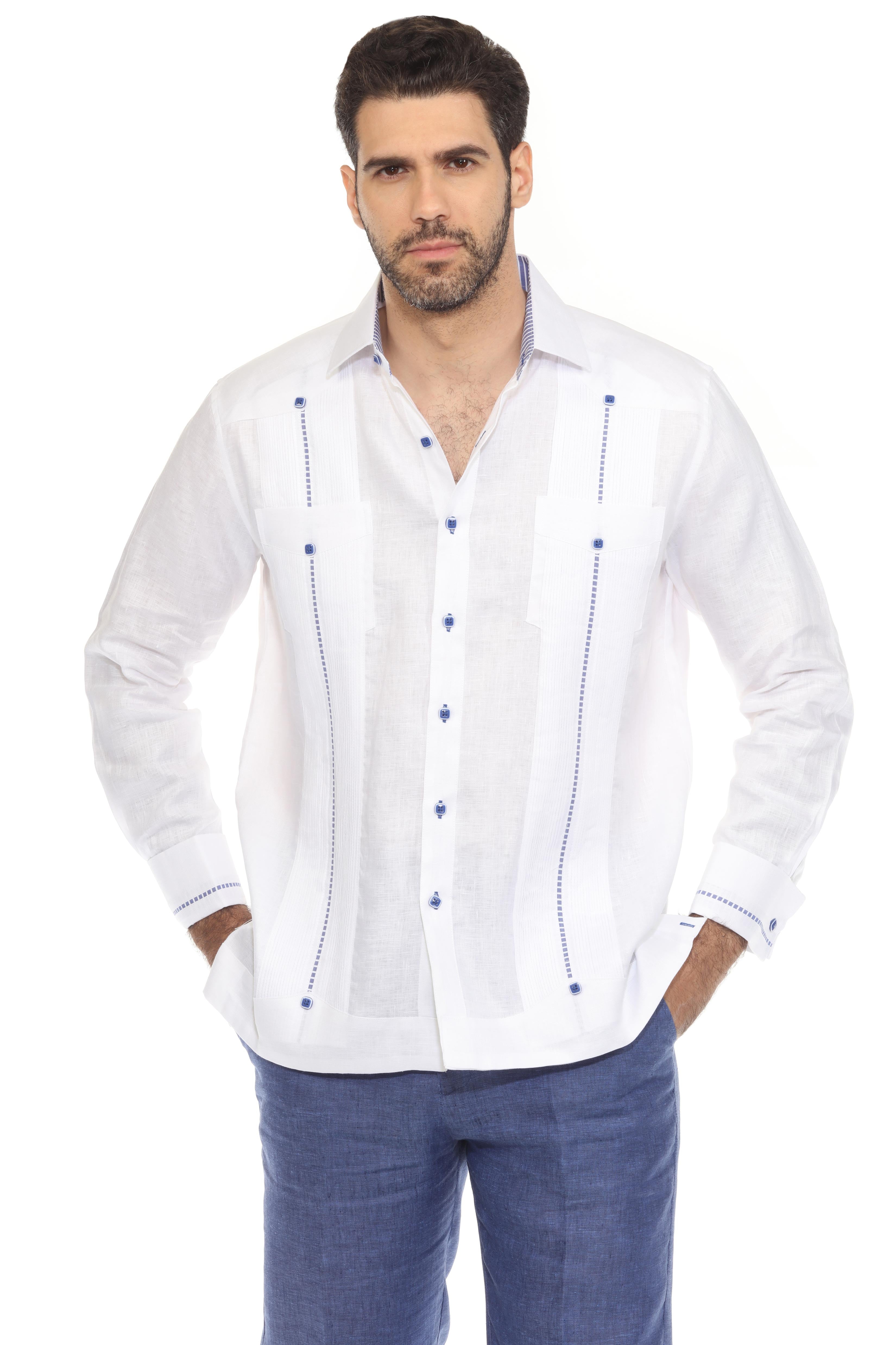 Camisa Guayabera para Hombre Mojito Chacabana 100% Lino con Ribete en Contraste Manga Larga y Puño Francés