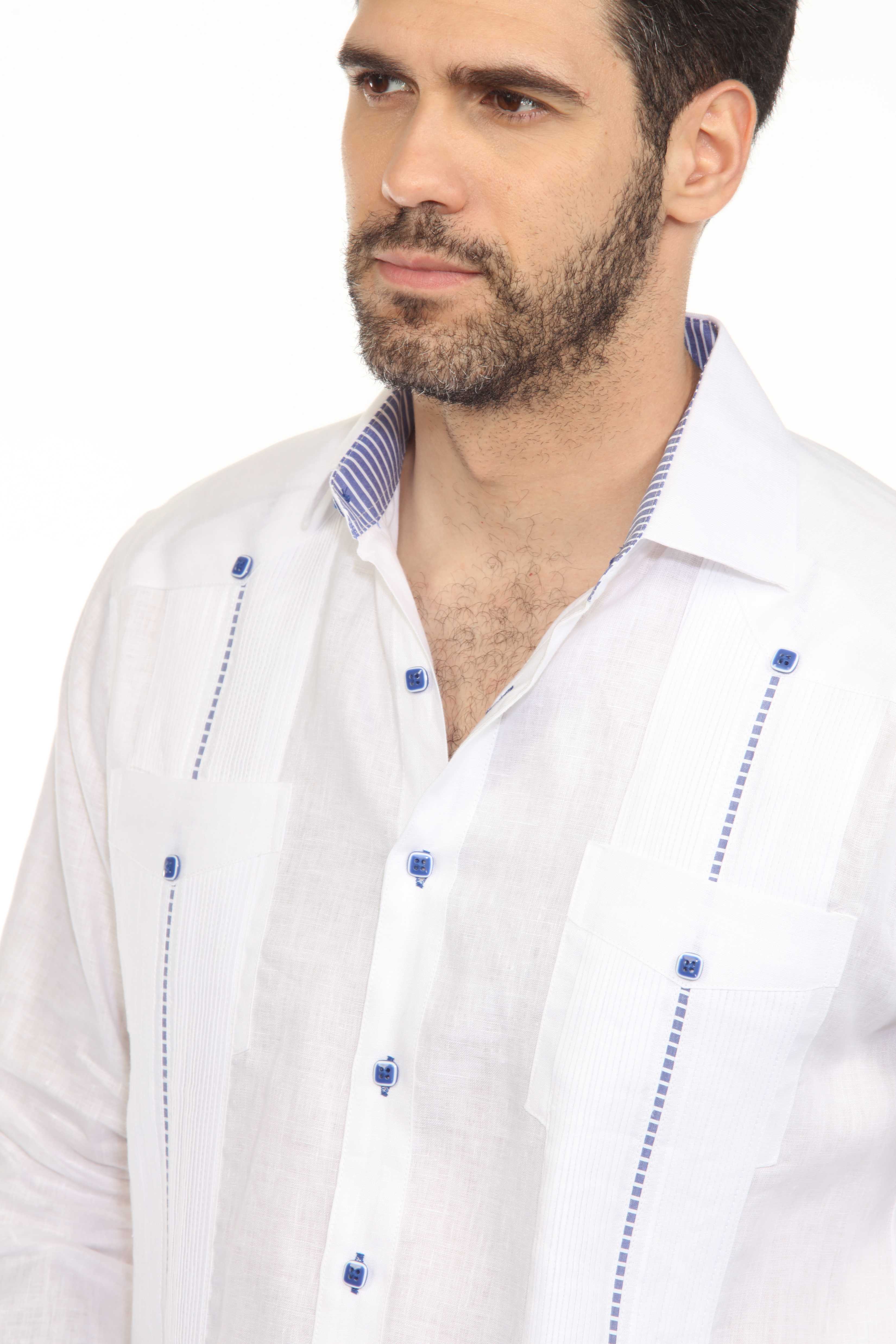Camisa Guayabera para Hombre Mojito Chacabana 100% Lino con Ribete en Contraste Manga Larga y Puño Francés