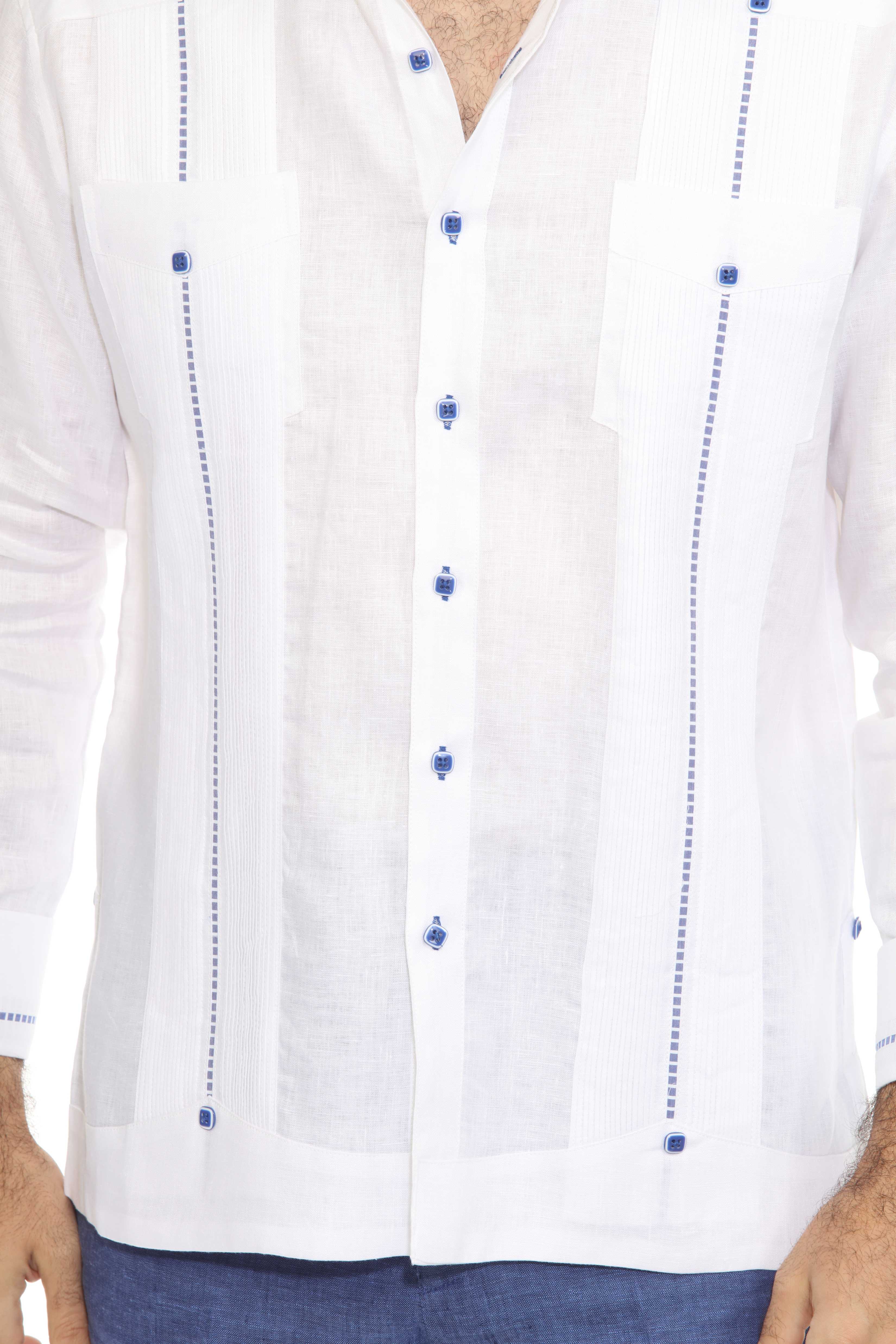 Camisa Guayabera para Hombre Mojito Chacabana 100% Lino con Ribete en Contraste Manga Larga y Puño Francés